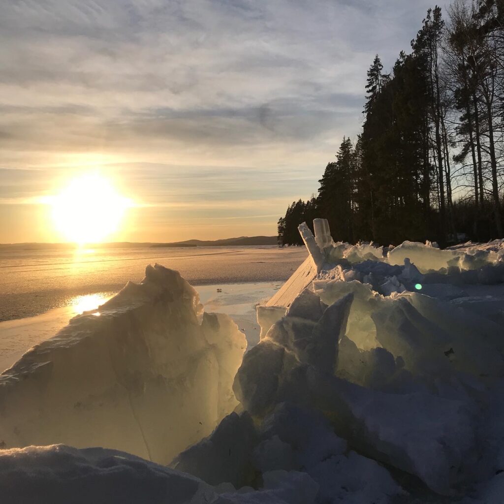 Ice on the lake at the glamping camp